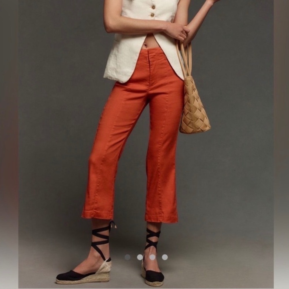 Anthropologie Maeve Linen 70s Slim Crop Pants High Rise Orange Seam Detail - 29